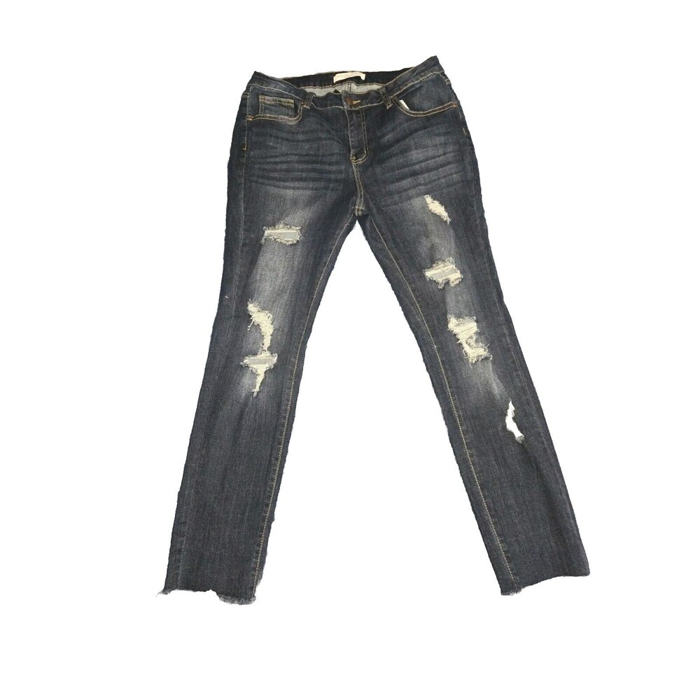 Encore Jeans Womens 13 (30 x 27) Skinny Fit Dark Blue Wash Distressed Frayed Leg